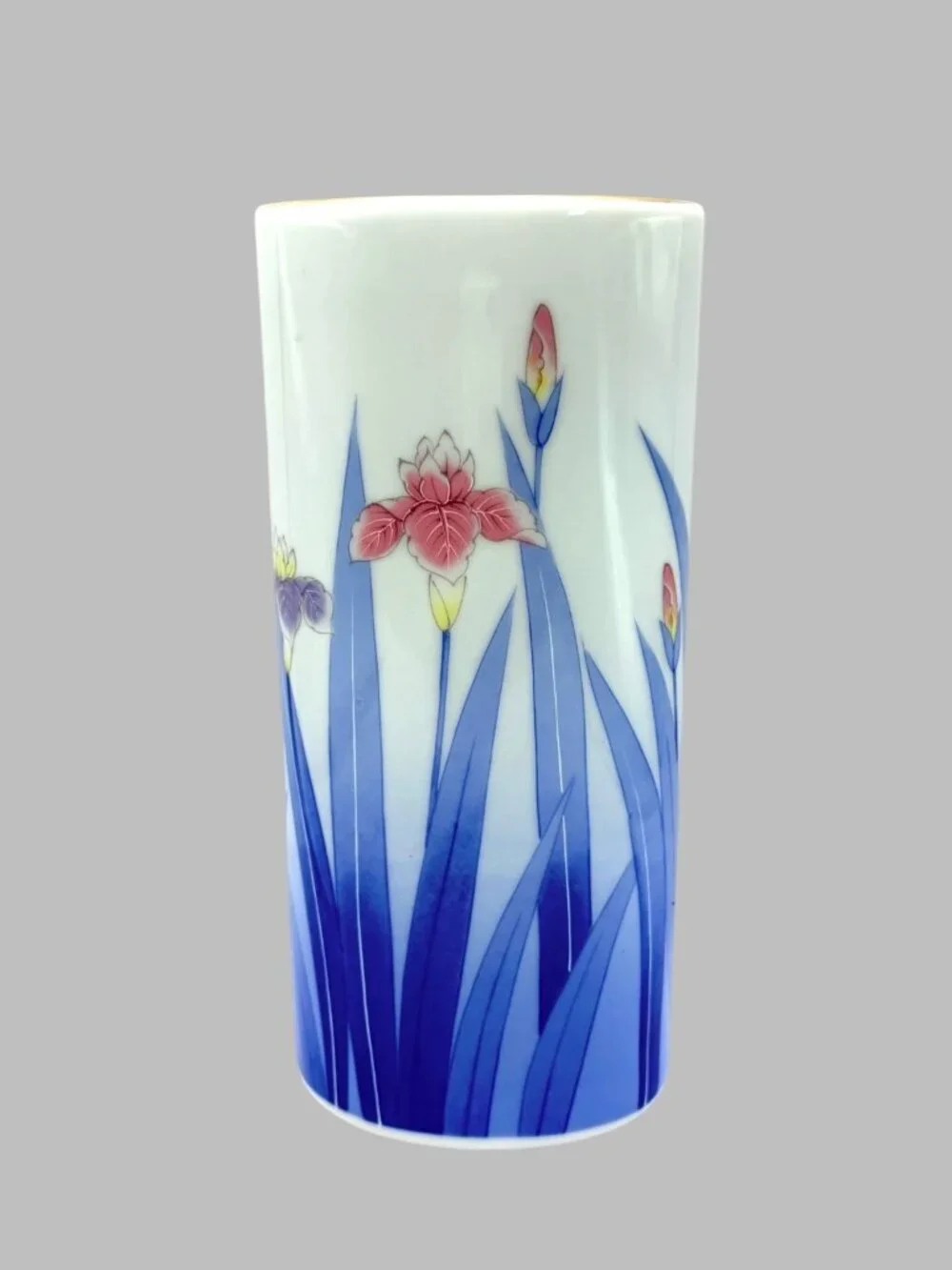 Vintage Japanese Porcelain Iris Floral Vase Blue White Gold Rim 8.5